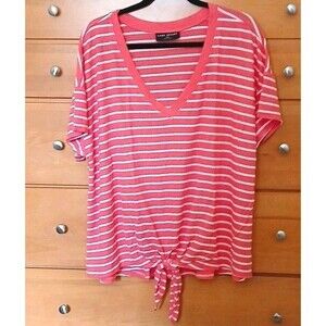 Lane Bryant Womens 22/24 Pink White Striped V-Neck Short Sleeve Tie Front Top